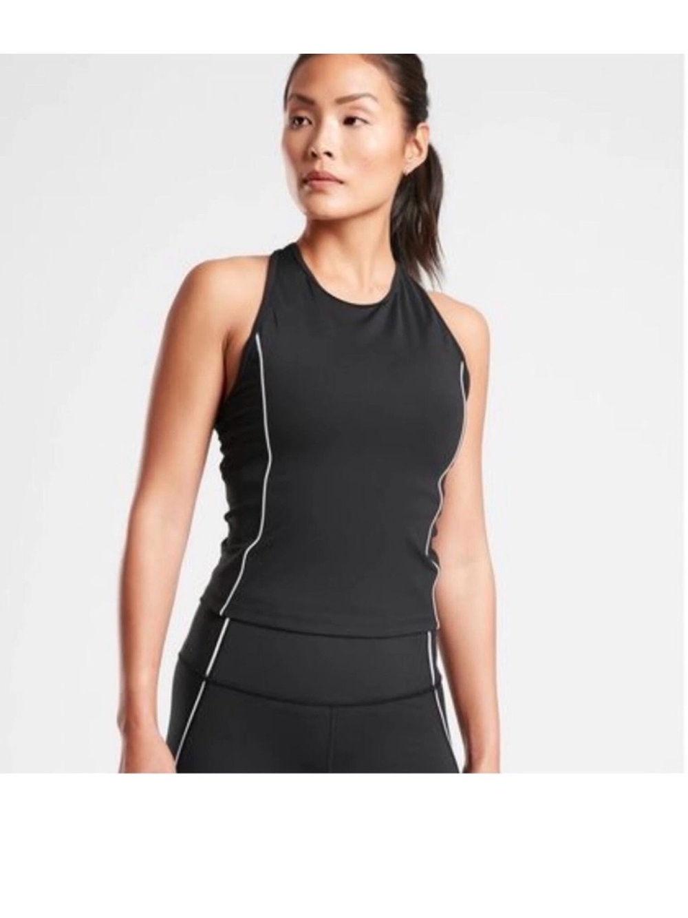 Athleta Black High-Neck Tank with White Piping